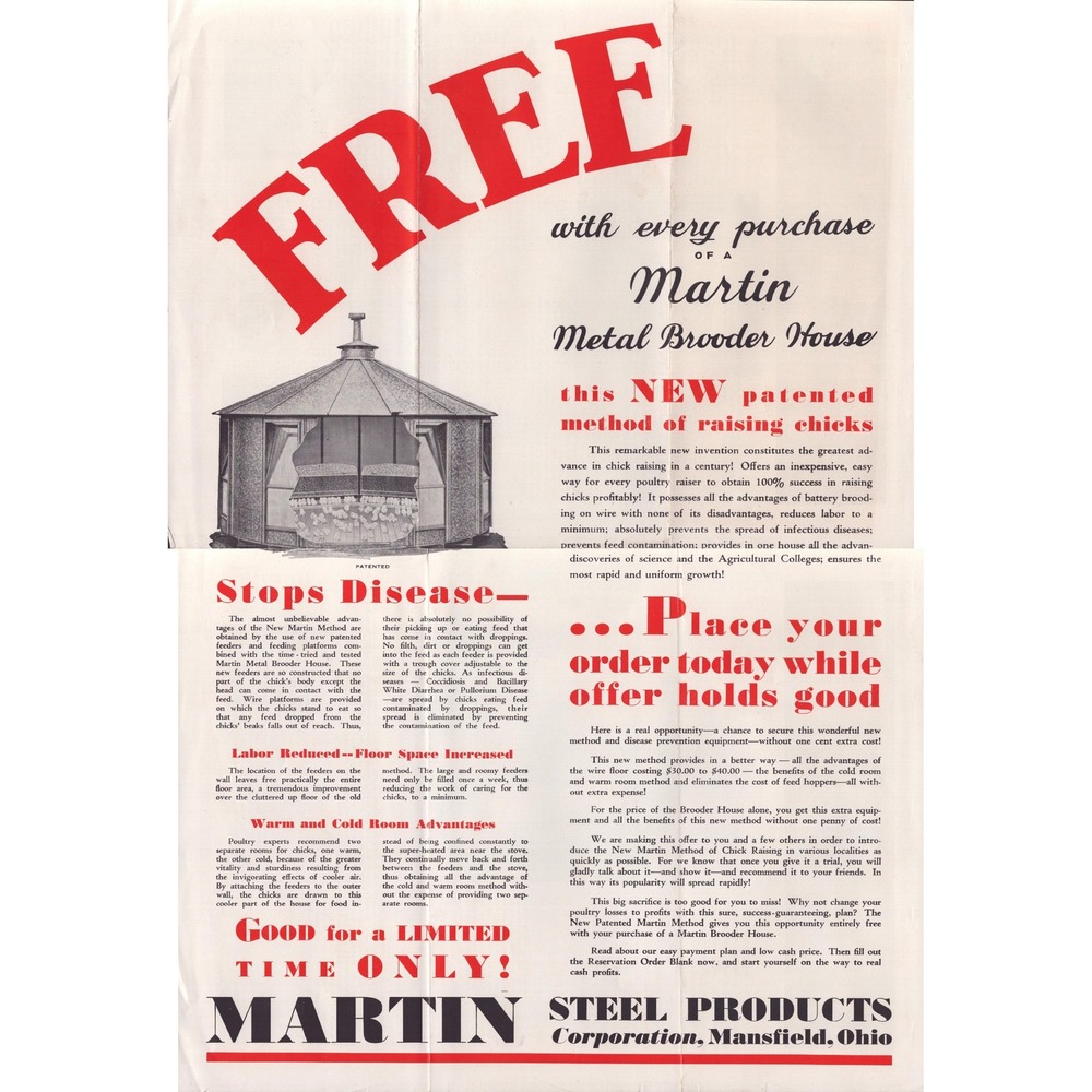 Vtg Martin Metal Brooder House Flyer Brochure Mansfield Ohio Chick Poultry Farm - Picture 1 of 3